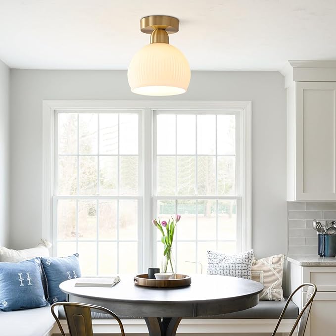 KCO Lighting Milk Glass Flush Mount Ceiling Light Fixture Small Brass Flush Mount Light Modern Gold Globe Semi Flush Mount Ceiling Light White Entryway Light Fixture