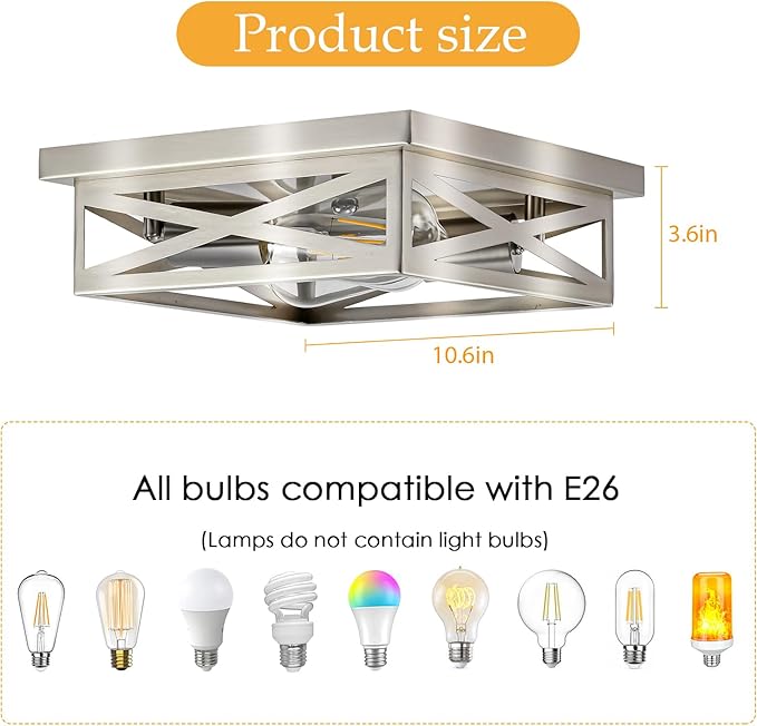 Brushed Nickel Industrial Square Cross Cage Close to Ceiling Light, 11 in Metal, 2-Pack, Silver, Dimmable, LED, 120W, Indoor, Kitchen, Bedroom, Hallway, Office