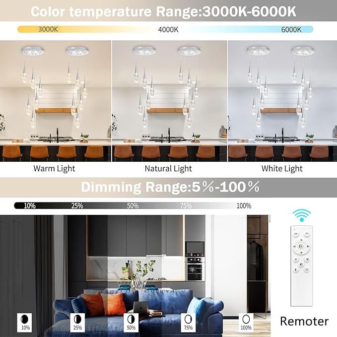 6-Lights Adjustable Pendant Lights for Kitchen Island LED Dimmable Light Fixture Modern Glam Crystal Hanging Lighting for Dining Room Bedroom Silver