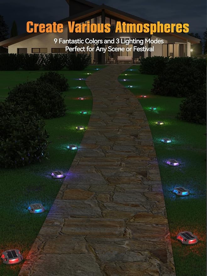 Solar Driveway Lights Solar Dock Lights 9 Colors in 12 Pack, Waterproof IP68, Outdoor, for Driveway Markers, Marine Dock, Pathway, Sidewalk, Warning Step