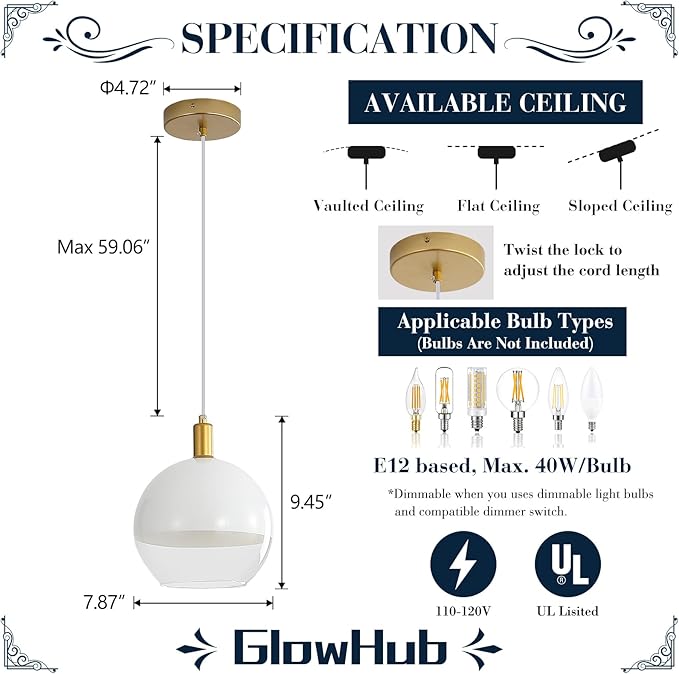 GlowHub Gold Glass Pendant Light for Kitchen Island Milk White Modern Pendant Light Fixture 1-Light Globe Ceiling Hanging Light Adjustable for Farmhouse Dining Room Bedroom Hallway