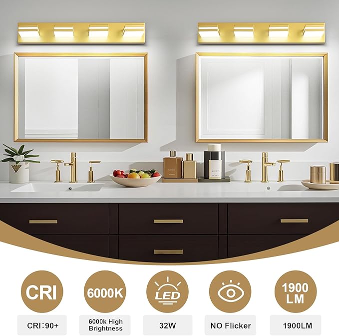 Modern LED Bathroom Lights Fixtures 4-Light,Metal Gold Acrylic Wall Lighting,Vanity Lights for Bathroom Over Mirror 6000k 27in