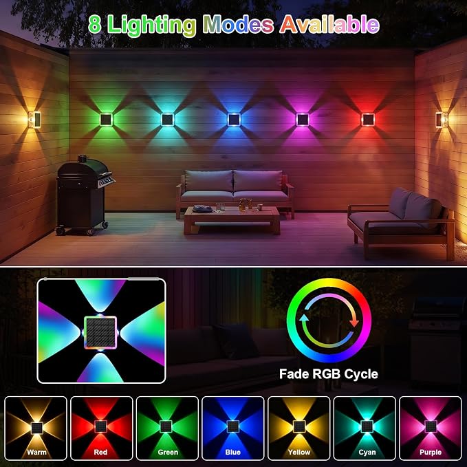 AUDLES Solar Fence Lights Outdoor, IP67 Waterproof 4-Sided Glow Solar Wall Lights, RGB 8 Modes Color Changing Solar Garden Light for Patio Pool Step Porch Yard-12 Pack