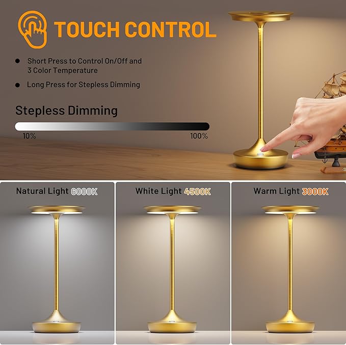 2 Pack LED Rechargeable Cordless Table Lamps, Portable Outdoor Battery Operated 3 Color Stepless Dimming Tables Lamp with Memory Function for Patio Restaurant Dining Room Gold