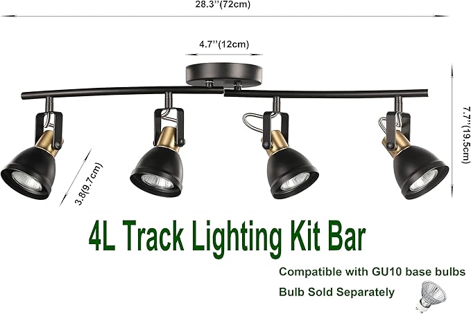 4 Light Track Lighting Kit, Matt Black Brass Finish 4 Way Adjustable with Moden Flush Mount Ceiling Spotlight for Kitchen,Dining,Living Room,Home Improvement