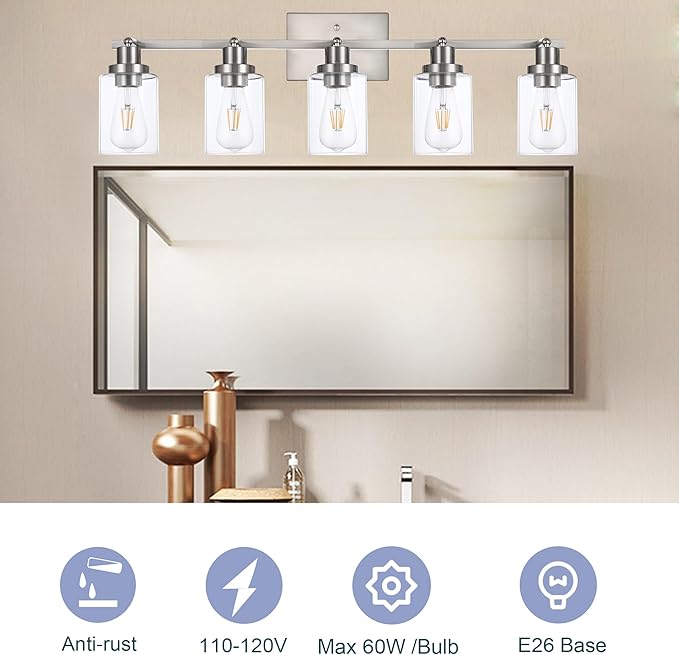 5 Light Multi-Directional Track Lighting Kit Brushed Nickel Kitchen Track Lighting Fixtures Ceiling Vanity Light Fixture with Clear Glass, Modern Rotatable E26 Spotlight for Kitchen Bathroom Hallway