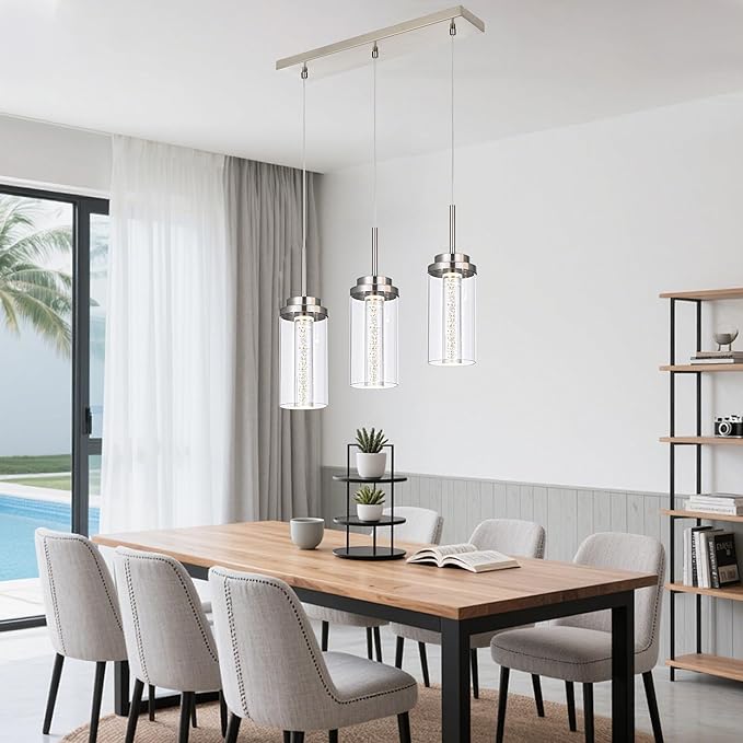 MELUCEE Modern LED Linear Pendant Light Brushed Nickel, 23IN Ceiling Chandelier Light Fixture Hanging with Clear Glass, 3000K-6000K Adjustable Color Temperature Island Light for Dining Room Kitchen