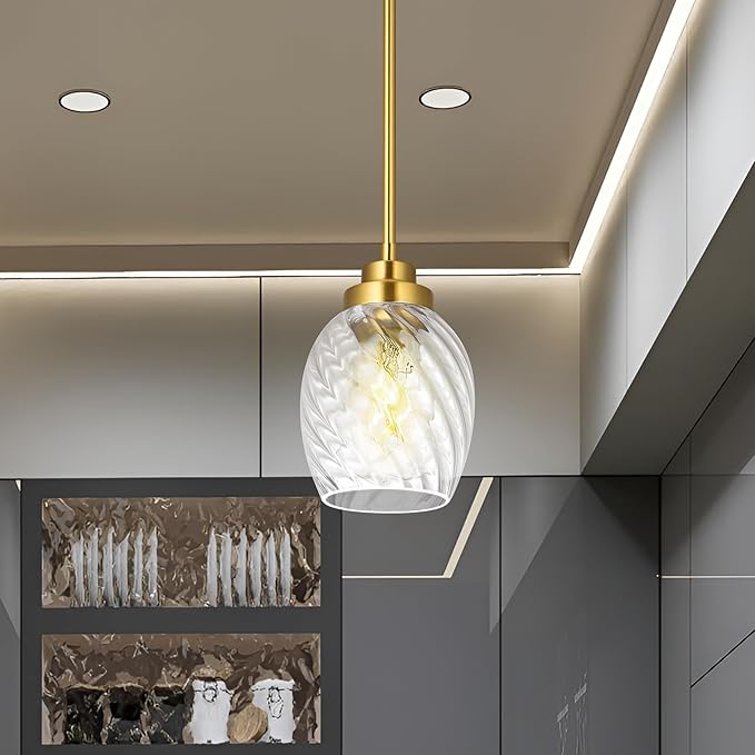Glass Pendant Lights Kitchen Island,Twisted Clear Glass Treatment Pendant Light,Modern Hanging Light for Kitchen Sink Dining Room Bedroom, E26 (Brushed Gold, 2pack)