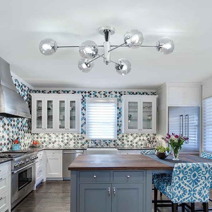 hesoge Modern Sputnik Ceiling Lights 6 Light Semi Flush Mount Ceiling Fixture with Glass Globes Chrome Chandelier for Dining Room Bedroom Living Room Kitchen Farmhouse.
