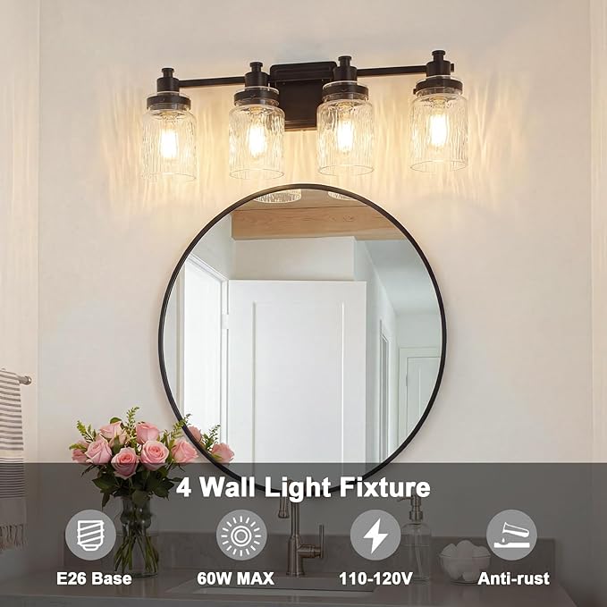 4 Lights Bathroom Light Fixtures Farmhouse Black Vanity Lights for Bathroom Lighting Fixtures Over Mirror with Hammered Glass Lampshade for Cabinet Mirror Bedroom Hallway