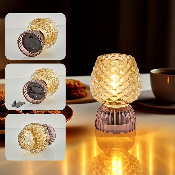 Battery Operated Lamp with Timer, Cute Small Cordless Glass Table Lamp for Home Decor, Kitchen, Bathroom, Birthday Gift for Women, Pinecone, Amber, 2 Pack
