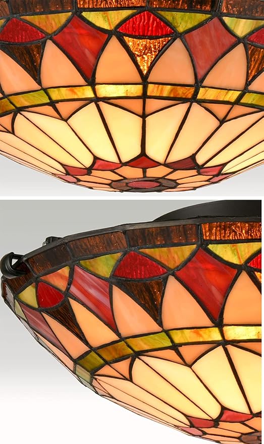 DIRYZON EUL Vintage Tiffany Style Mission Semi Flush Mount Ceiling Light 15.7" Antique Art Stained Glass Shade 3-Light
