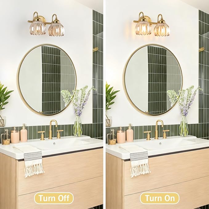 Vintage Bathroom Light Fixtures, Brass Vanity Lights with Amber Tulip Glass Shade, Vanity Sconces for Bathroom Bedroom Living Room Hallway, 2-Light