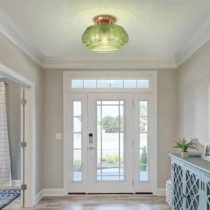 Semi Flush Mount Ceiling Light, Upgraded Larger Green Glass Ceiling Light Fixture, Vintage Lighting for Hallway Kitchen Bedroom Dining Room, Bulb Not Included
