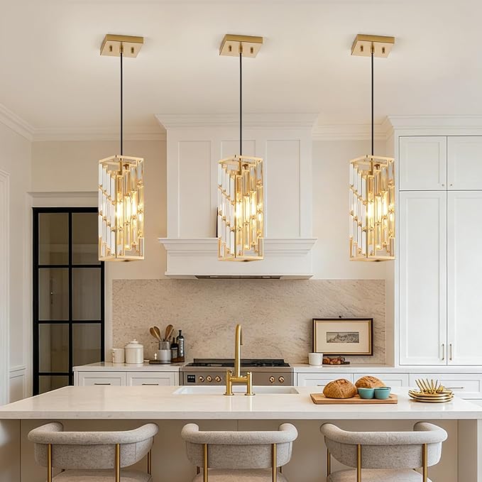 Gold Pendant Lights Kitchen Island 2 Pack, Adjustable Modern Pendant Light Fixtures, Mini Crystal Chandeliers for Dining Room Bedroom Foyer Hallway