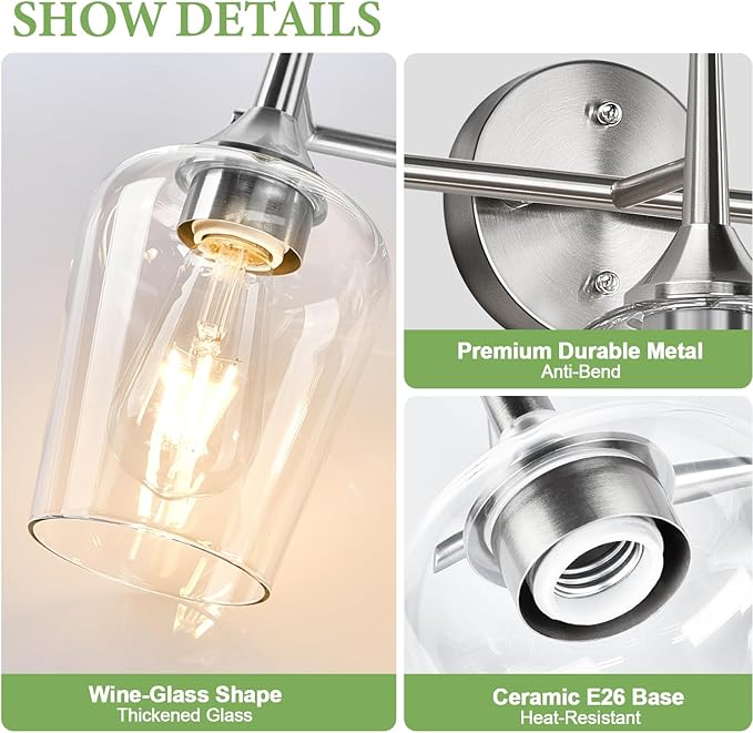 MOKATNG 3-Light Bathroom Light Fixtures, 19.5 in Brushed Nickle Vanity Lights for Bathroom with Clear Glass, Bathroom Lighting Fixtures Over Mirror, Modern Wall lamp for Cabinet Hallway
