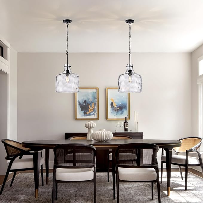 12" Farmhouse Pendant Light, Hand-Blown Clear Hammered Glass Hanging Ceiling Light Fixture with Black Finish and Adjustable Chain, Modern Rustic Lighting for Kitchen Island, Dining Room, E26 Socket