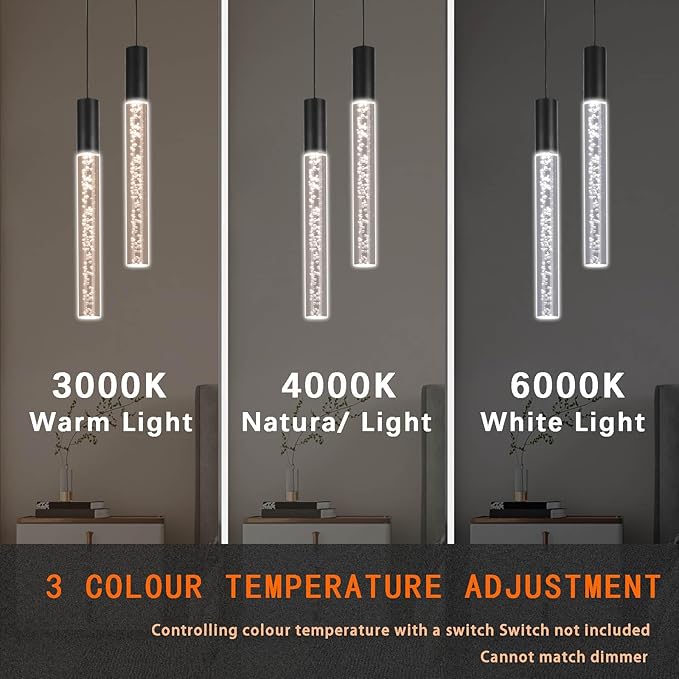 Modern Black Pendant Light Fixture 2-Light, 3-Color LED Pendant Lighting Acrylic Cord Adjustable Ceiling Hanging Lights for Kitchen Island Living Room Bedroom Dining Room (3 Pack)