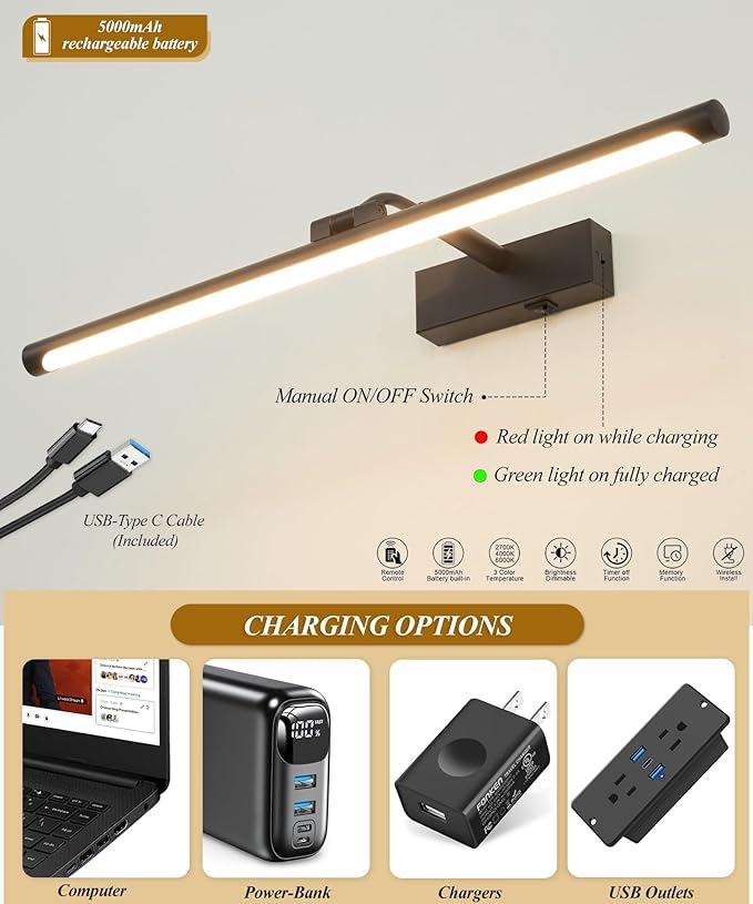 Picture Lights for Wall Battery Operated,24 Inch Black Wireless Rechargeable Art Lights for Pictures,3CCT Dimmable Retractable Painting Light with Remote & Timer,Glare-Free for Gallery Light