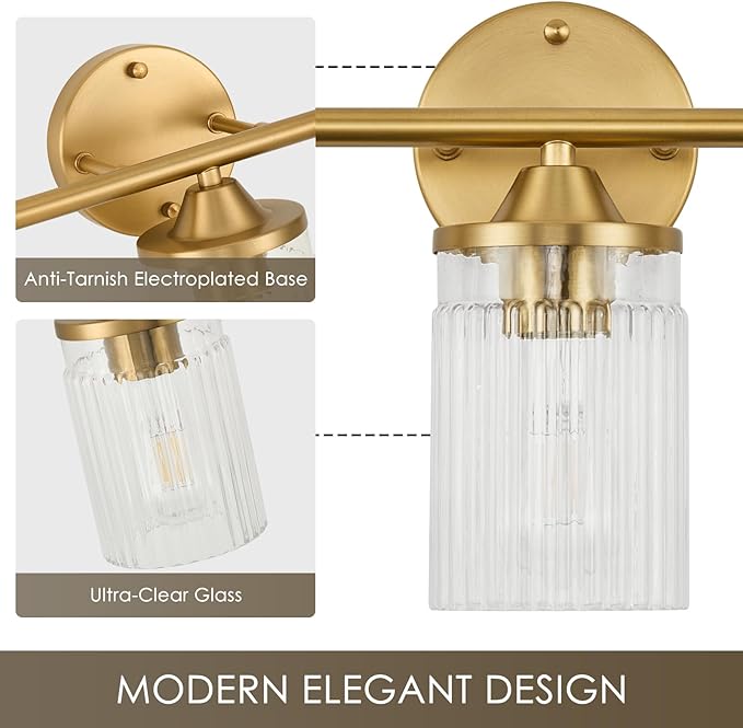 Jonsi Gold Bathroom Light Fixtures 3-Light Vanity Lights Modern Wall Sconce with Clear Glass Shade Brushed Brass Bathroom Light Fixture Over Mirror for Bedroom Hallway Kitchen