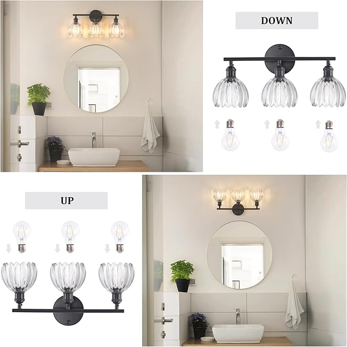Shenmoyl Bathroom Light Fixtures, 3-Light Black Vanity wall Light Over Mirror with Clear Tulip Glass Shade for Bedroom Living Room (Bulb Not Included)