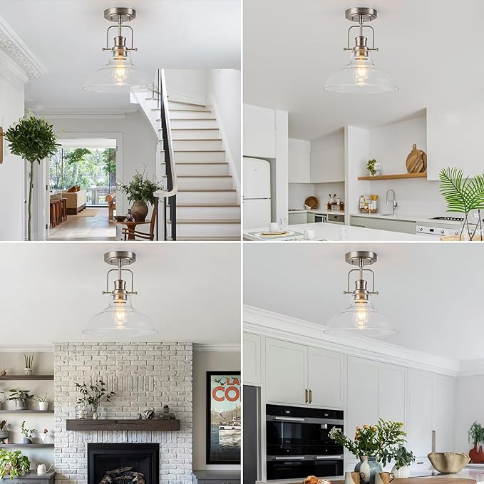 WILON Semi Flush Mount Ceiling Light Fixture, Brushed Nickel Farmhouse Light Fixtures with Clear Glass Shade, Modern Vintage Ceiling Lamp for Kitchen Island Sink Foyer Bathroom Entryway Laundry Room