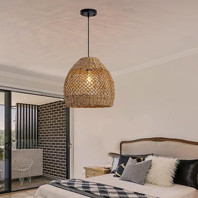 Boho Rattan Pendant Lights 13.8IN Farmhouse Dining Room Light Fixtures Hand-Woven Seagrass Chandelier Coastal Wicker Hanging Lighting for Kitchen Island Entry Living Room Bedroom Foyer Restaurant