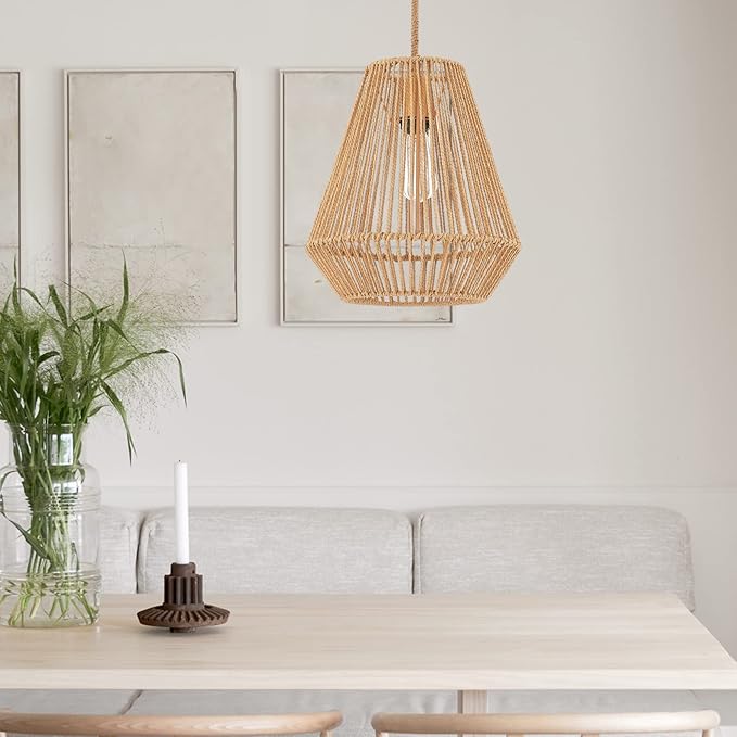 Woven Pendant Lights Hanging Lamp with 12" Hand Rattan Basket Shade Antique Brass Brush Paint Finish for Kitchen Island Farmhouse Dining Room Bar Bedroom Foyer Hallway