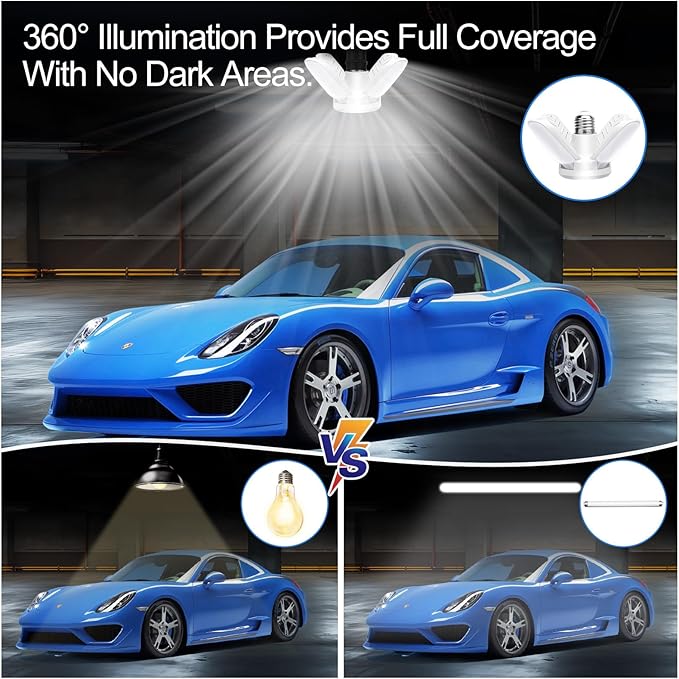 2Pack LED Garage Light Bulb,Mini 50W LED Garage Ceiling Lights 4 Adjustable Panels,5000Lumen Garage LED Light Bulb,E26 6500K Daylight LED Shop Lights for Garage,Kitchen,Indoor,Living Room,Attic Light