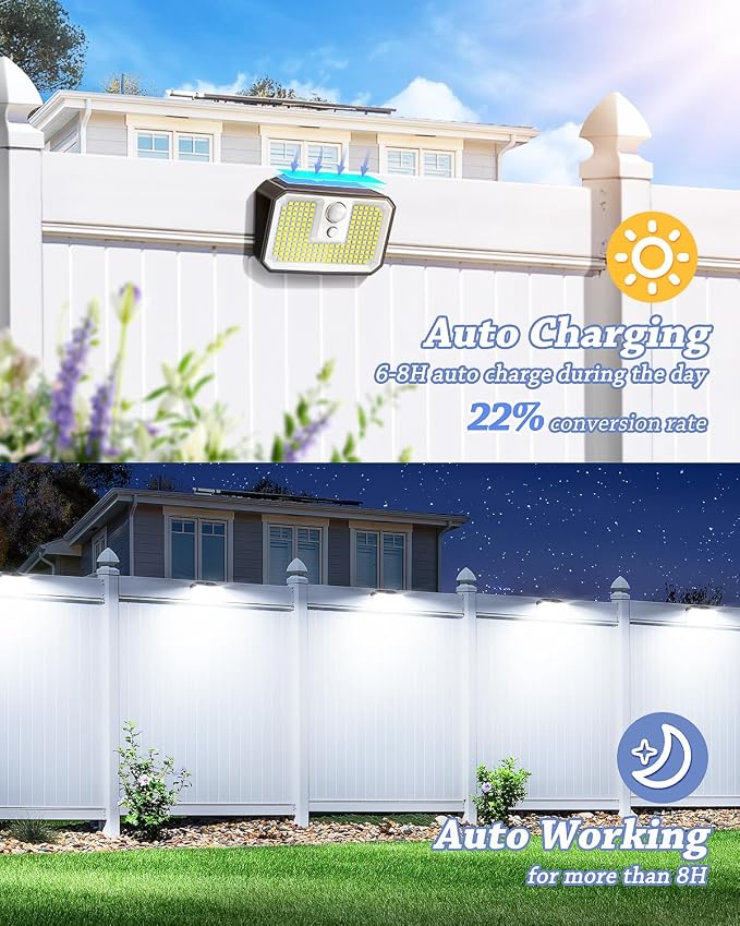CLAONER 6-Pack Solar Motion Sensor Lights Outdoor, 168 LED Waterproof Security Light with 3 Modes, for Garden, Fence, Garage, Deck, Door Step