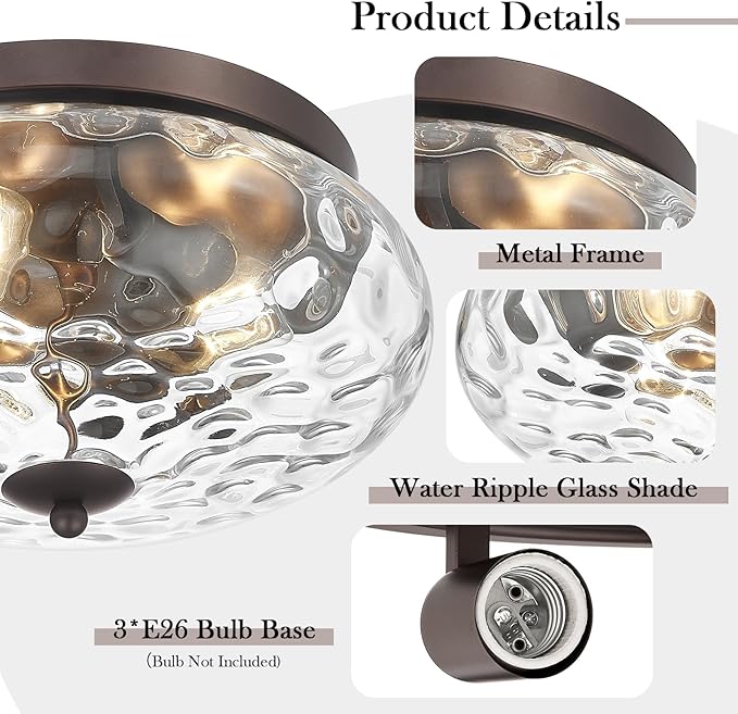 Darkaway Large Ceiling Light Fixtures, 3-Light Flush Mount Ceiling Light with Water Ripple Glass Shade for Indoor Outdoor Hallway Kitchen Bedroom Porch Living Room Oil-Rubbed Bronze Finish