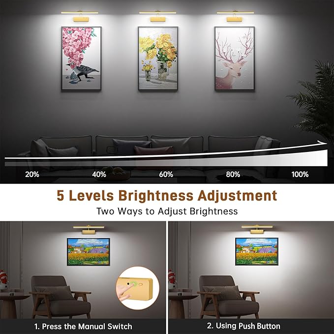 Racokky Picture Light, 15.35inch Picture Lights for Wall Rechargeable, Battery Wall Light Over Picture Frame, 3 Color Art Lighting for Paintings with Timer and Dimmable Artwork Display (Gold-2PCS)