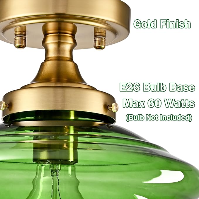 SAMTEEN Schoolhouse Light Fixtures Gold Ceiling Light 10-Inch Modern Green Glass Semi Flush Mount Ceiling Light Vintage Brass Hallway Light Fixtures for Bedroom Kitchen Entryway Living Room