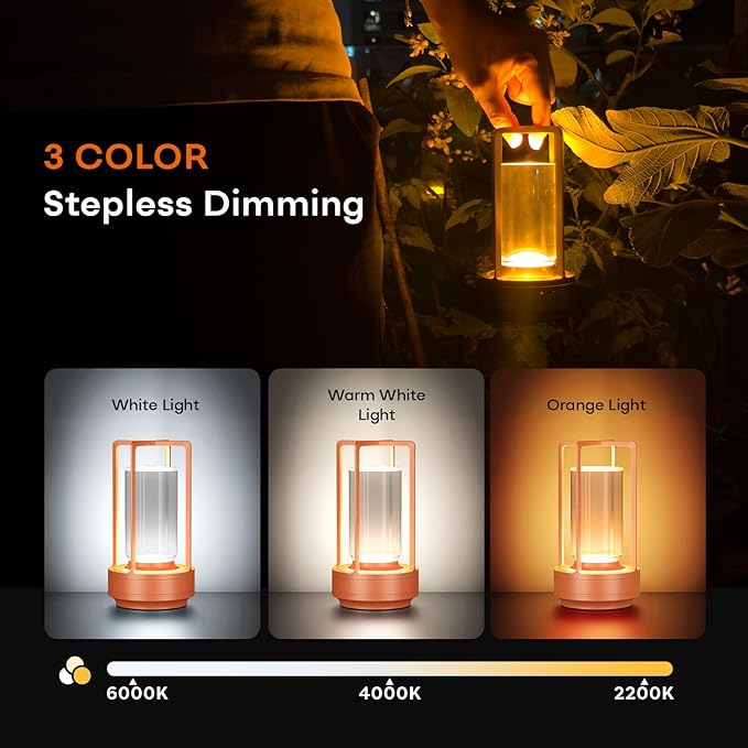 Portable Table Lamp for Indoor/Outdoor, Rechargeable Cordless Desk Lamp with Touch Sensor, 3 Way Dimmable Suitable for Bars/Cafes/Restaurants/Bedrooms/Camping Sites (Orange)