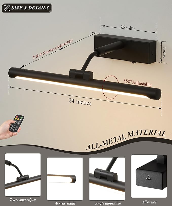 Picture Lights for Wall Battery Operated,16 Inch Black Wireless Rechargeable Art Lights for Pictures,3CCT Dimmable Retractable Painting Light with Remote & Timer,Glare-Free for Gallery Light