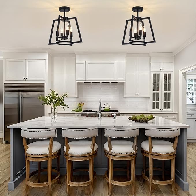 TOULMJ 14.56" Ceiling Light Fixture, 4-Light Farmhouse Black Semi-Flush Mount Ceiling Light for Kitchen Island Laundry Room Bedroom Dining Room Hallway Entryway