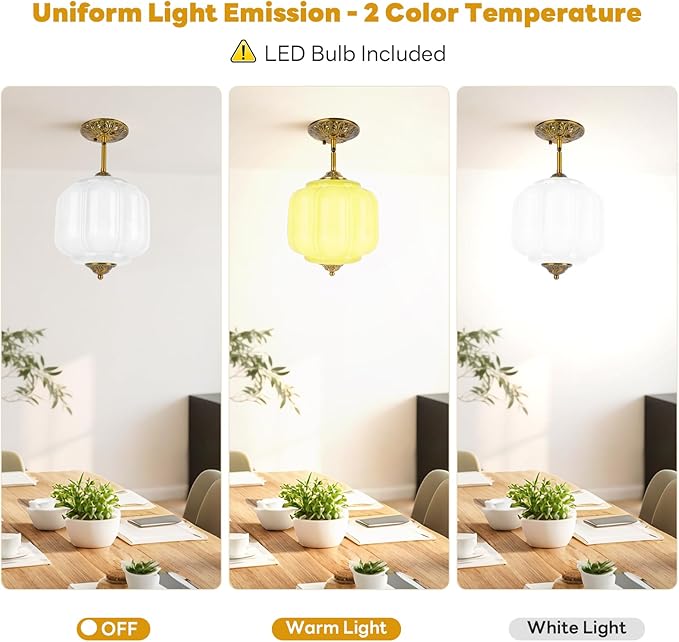 9in White Milk Glass Ceiling Light, LED Bulb Included, Vintage Schoolhouse Semi Flush Mount Pendant Light Art Deco Chandelier for Kitchen Dining Room Hallway Bedroom, Antique Gold & White
