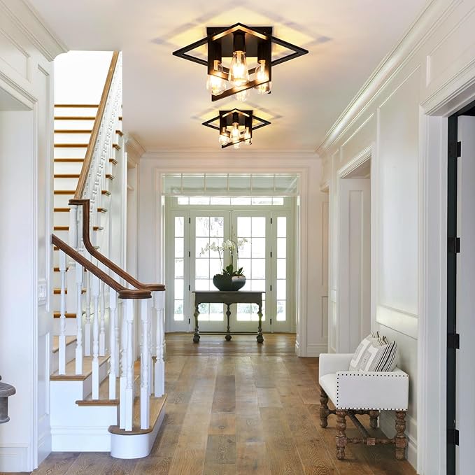 Semi Flush Mount Ceiling Light Fixture, 4 Light Industrial Ceiling Light Fixtures Ceiling Mount Black Farmhouse for Kitchen Lighting Fixtures Ceiling, Bathroom Ceiling Light, Bedroom, Hallway(2 Pack)