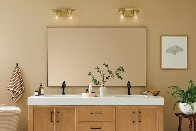 Kichler Crosby 15.25" 2-Light Bathroom Vanity Light Fixture with Clear Glass in Natural Brass for Powder Room, Modern Wall Mount Light (15.25" x 8.75"), 45496NBRCLR