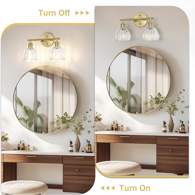 Vintage Bathroom Light Fixtures,2-Light Hardwired Vanity Lights with Clear Tulip Glass Shade,Gold Bathroom Vanity Light for Mirror Restroom,E26 Socket,14.57 in(Bulbs Not Included)