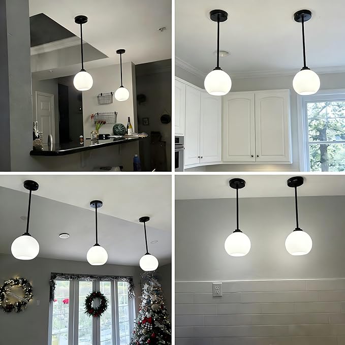 2 Pack 7.2-Inch Globe Pendant Lights, Mid Century Matte Black Pendant Light Fixtures, Globe Pendant Lights Kitchen Island with Milk Glass Shade Hanging Fixture for Dining Room Bulbs not Included