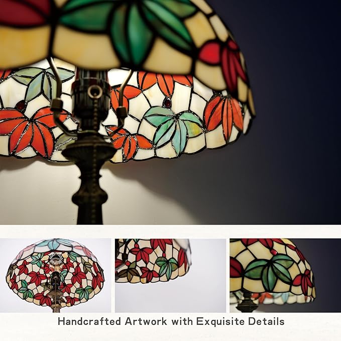 Tiffany Style Stained Glass Table Lamp, Maple Leaf Desk Light with Antique Bronze Resin Base, Multicolor Reading Lighting for Bedroom, Living Room, Office 12”X12“X19 (Maple-White)