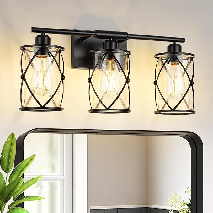 3-Light Black Bathroom Light Fixtures, 21 Inch Modern Bathroom Vanity Lighting Fixtures Over Mirror with Clear Glass and Metal Cage Wall Sconce Lights for Bath, E26, CH9176BK-3W