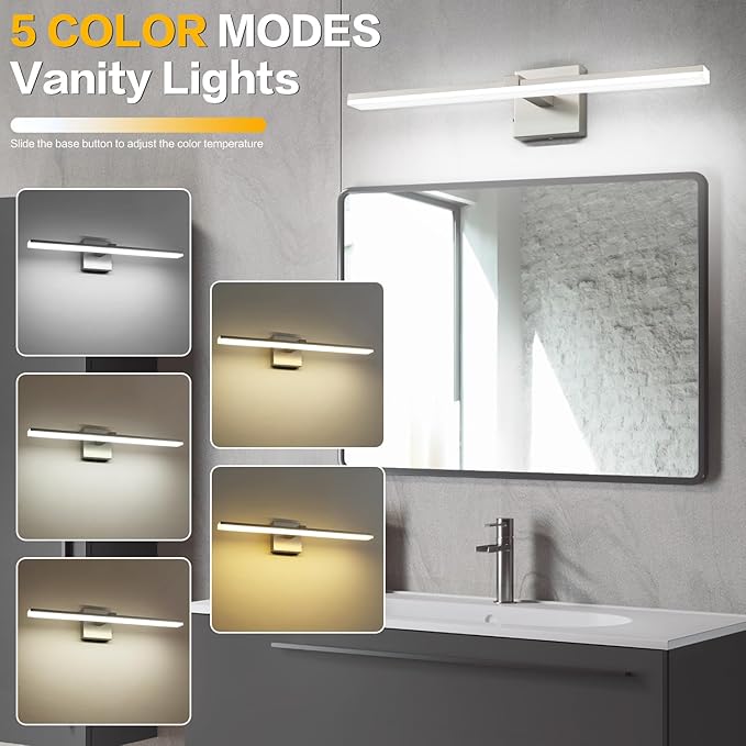 ZUZITO 24 Inch Bathroom Light Fixtures Over Mirror Brushed Nickel Arm Design Wide LED Vanity Bar 5CCT 2900K 6000K 18W 1440lm