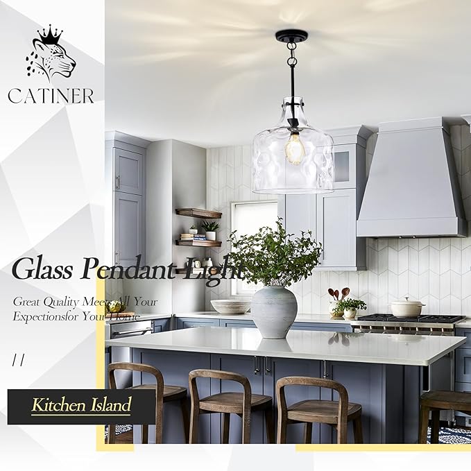 CATINER Extra Large 16" Vintage Farmhouse Pendant Light – Hand-Blown Clear Hammered Glass Shade, Adjustable Chain, Hanging Light for Kitchen Island, Dining Room, Hallway, Black Finish