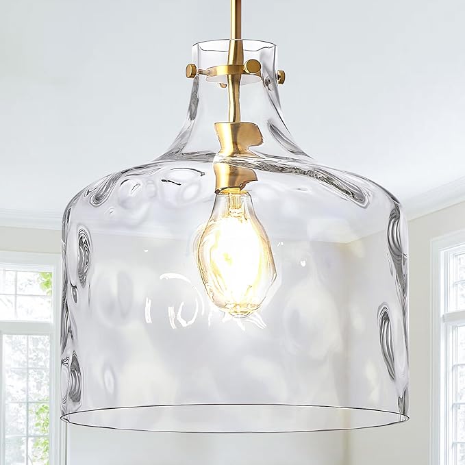 CATINER 16" Extra Large Farmhouse Pendant Light – Hand-Blown Hammered Glass Shade, Gold Finish, Adjustable Chain Ceiling Light for Kitchen Island, Dining Room, Hallway