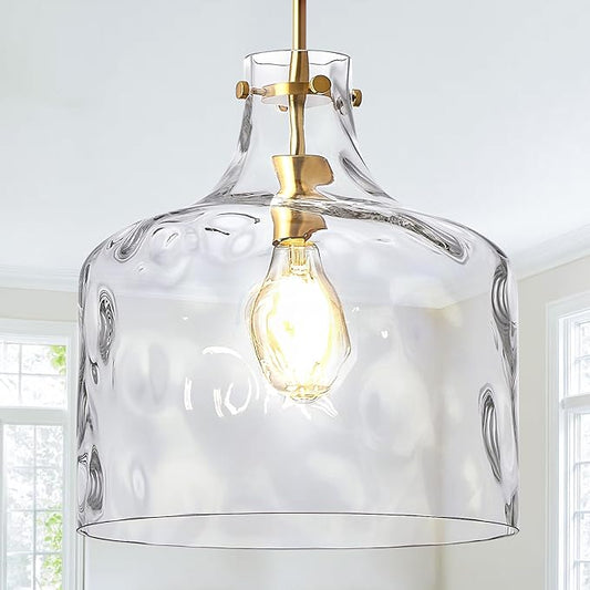 CATINER 16" Extra Large Farmhouse Pendant Light – Hand-Blown Hammered Glass Shade, Gold Finish, Adjustable Chain Ceiling Light for Kitchen Island, Dining Room, Hallway