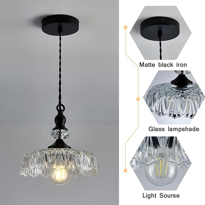 CVKASH Vintage Glass Pendant Light Fixture Black Modern Adjustable Chandelier Hanging Light for Farmhouse Dining Room Kitchen Bedroom Hallway Island