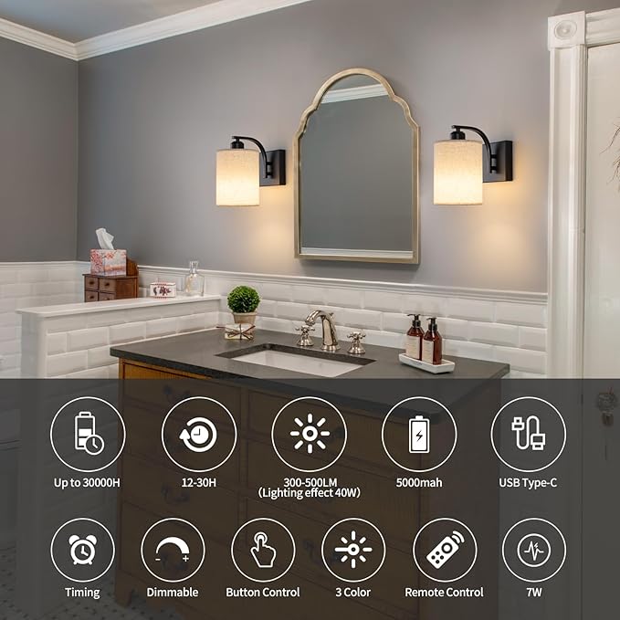 Powfloven Black Rechargeable Battery Operated Wall Sconces Set of 2 with Remote, Wireless Dimmable Battery Powered LED Wall Lights, Cordless Wall Lighting Lamp Fixture for Bedroom Living Room