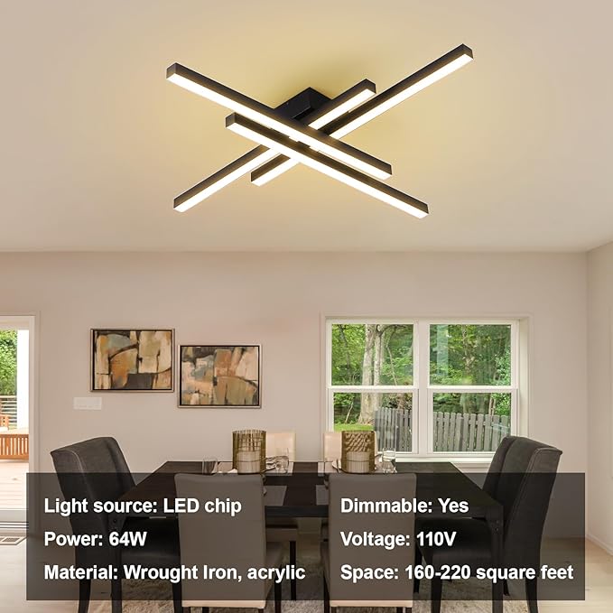 JAYMP 43.3" Modern Ceiling Light with Remote, Black Sputnik Ceiling Lamp, 64W Dimmable LED Lighting Fixture for Dining Room, Living Room, Kitchen Island, 4 Lights